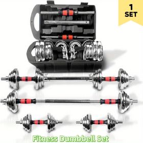 1set 44lbs Fitness Dumbbells Set, Adjustabl with Metal Connecting Rod Used As Barbell, Chromed Weights, Hardcover Gift Box