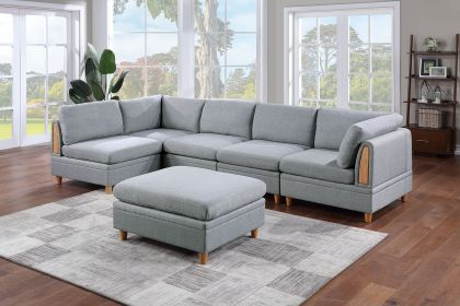 Living Room Furniture 6pc Modular Sectional Set Light Grey Dorris Fabric Couch 2x Corner Wedges 3x Armless Chairs And 1x Ottoman