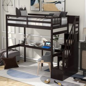 Twin Size Loft Bed with Storage Staircase and Built-in Desk (Color: Espresso)