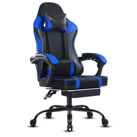 Video Game Chairs for Adults, PU Leather Gaming Chair with Footrest, 360¬∞Swivel Adjustable Lumbar Pillow Gamer Chair, Comfortable Computer Chair (Color: Blue)