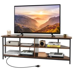 3-Tier Corner TV Stand for TVs up to 65 Inches with Charging Station (Color: Rustic Brown)