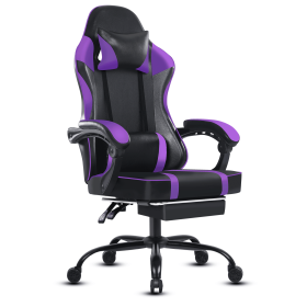 Video Game Chairs for Adults, PU Leather Gaming Chair with Footrest, 360¬∞Swivel Adjustable Lumbar Pillow Gamer Chair, Comfortable Computer Chair (Color: Purple)